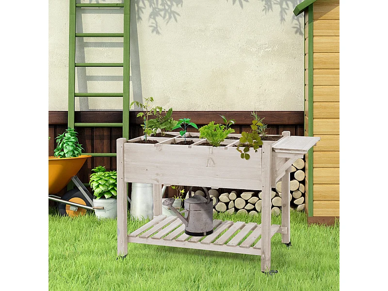 Jardinière sur pied - potager sur roulettes - étagère, tablette rabattable, inserts d'irrigation, feutre drainage - bois pré-huilé clair