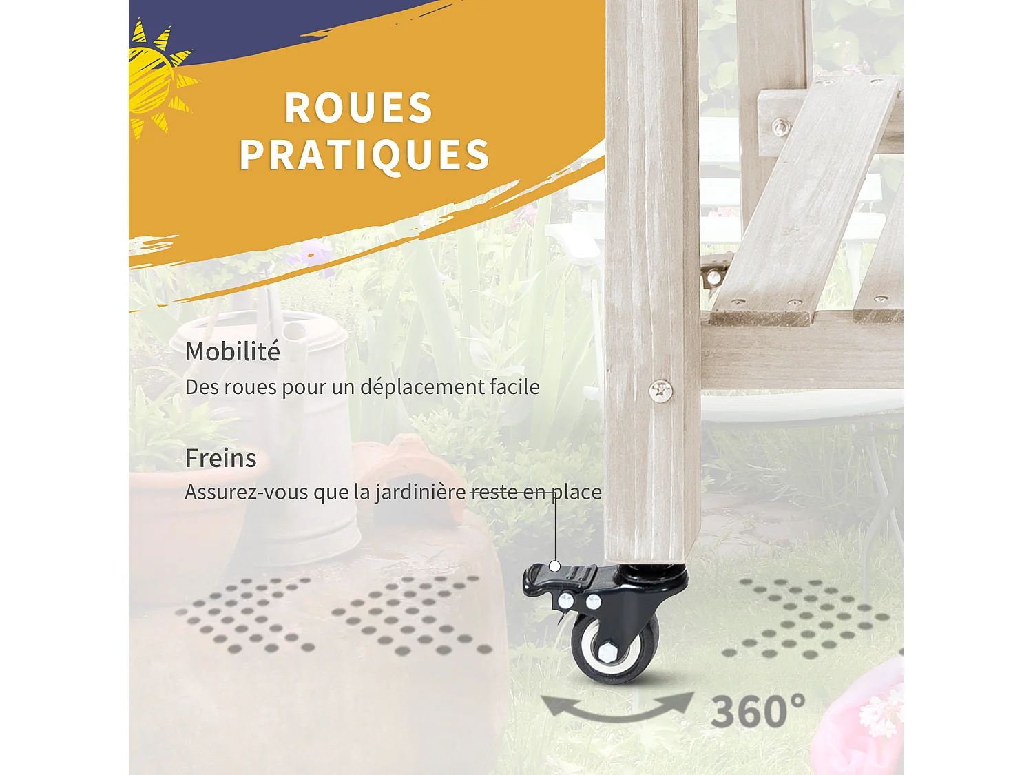 Jardinière sur pied - potager sur roulettes - étagère, tablette rabattable, inserts d'irrigation, feutre drainage - bois pré-huilé clair