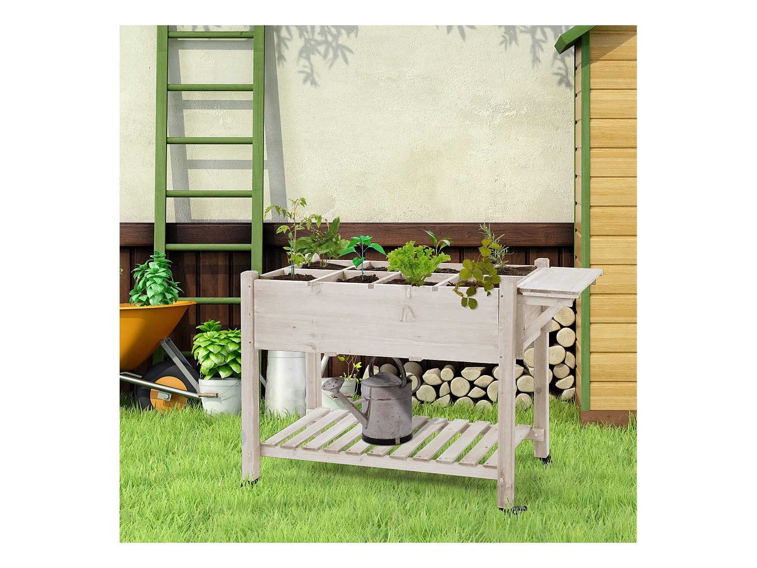 Jardinière sur pied - potager sur roulettes - étagère, tablette rabattable, inserts d'irrigation, feutre drainage - bois pré-huilé clair