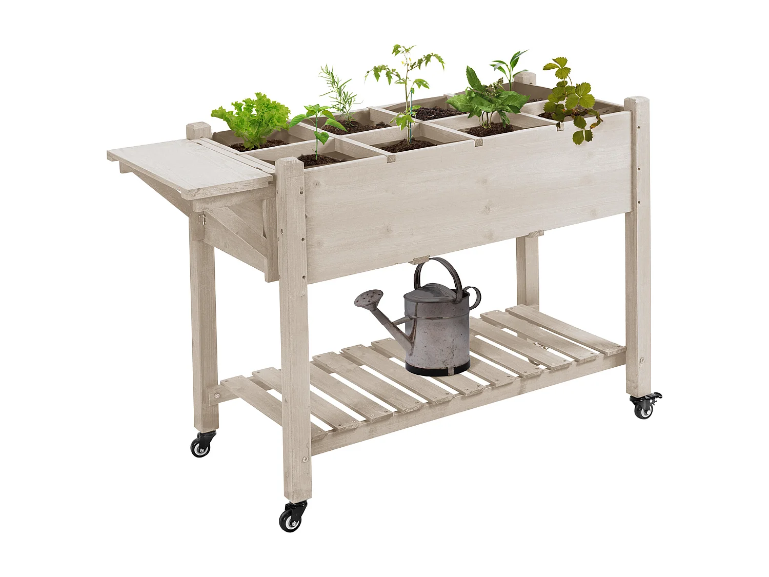 Jardinière sur pied - potager sur roulettes - étagère, tablette rabattable, inserts d'irrigation, feutre drainage - bois pré-huilé clair