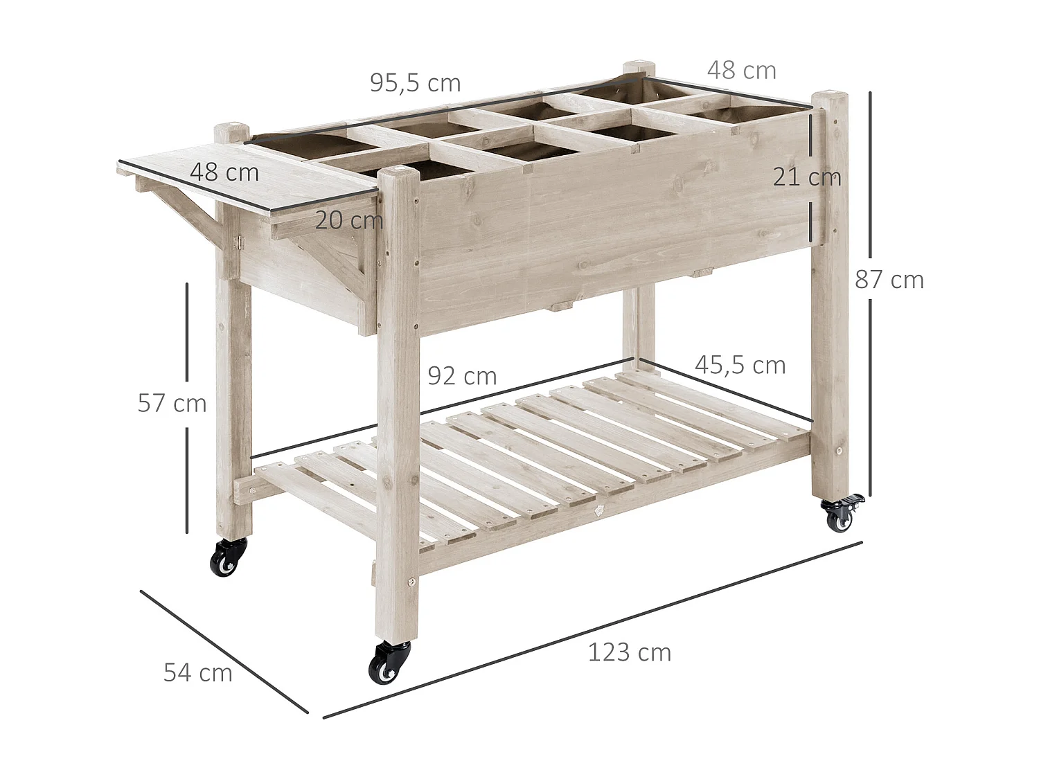 Jardinière sur pied - potager sur roulettes - étagère, tablette rabattable, inserts d'irrigation, feutre drainage - bois pré-huilé clair
