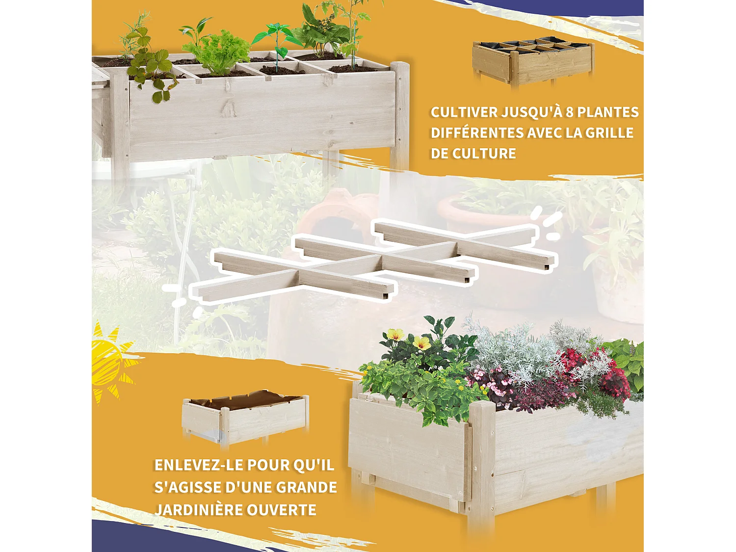 Jardinière sur pied - potager sur roulettes - étagère, tablette rabattable, inserts d'irrigation, feutre drainage - bois pré-huilé clair