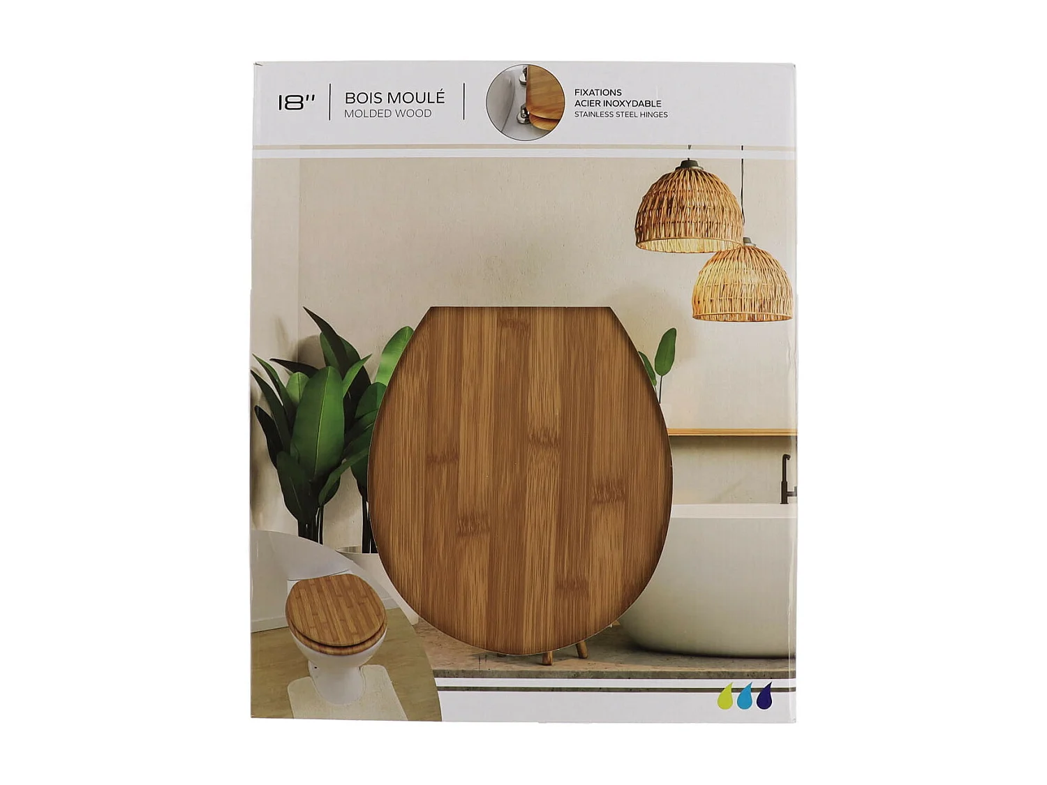 Abattant WC en Bois moulé aspect Bambou avec Kit fixation en Acier Inoxydable
