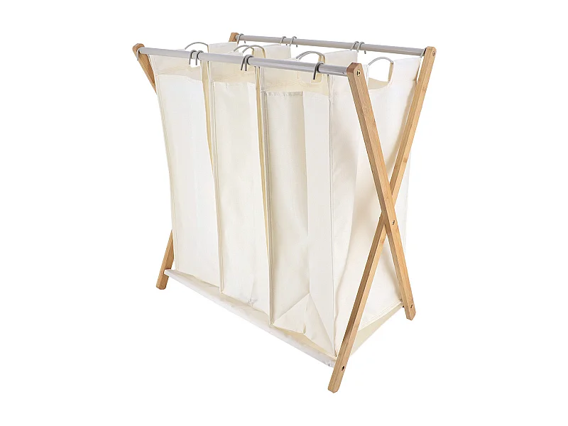 Panier à linge en Bambou 3 compartiments amovibles en tissu Naturel  H 76 cm