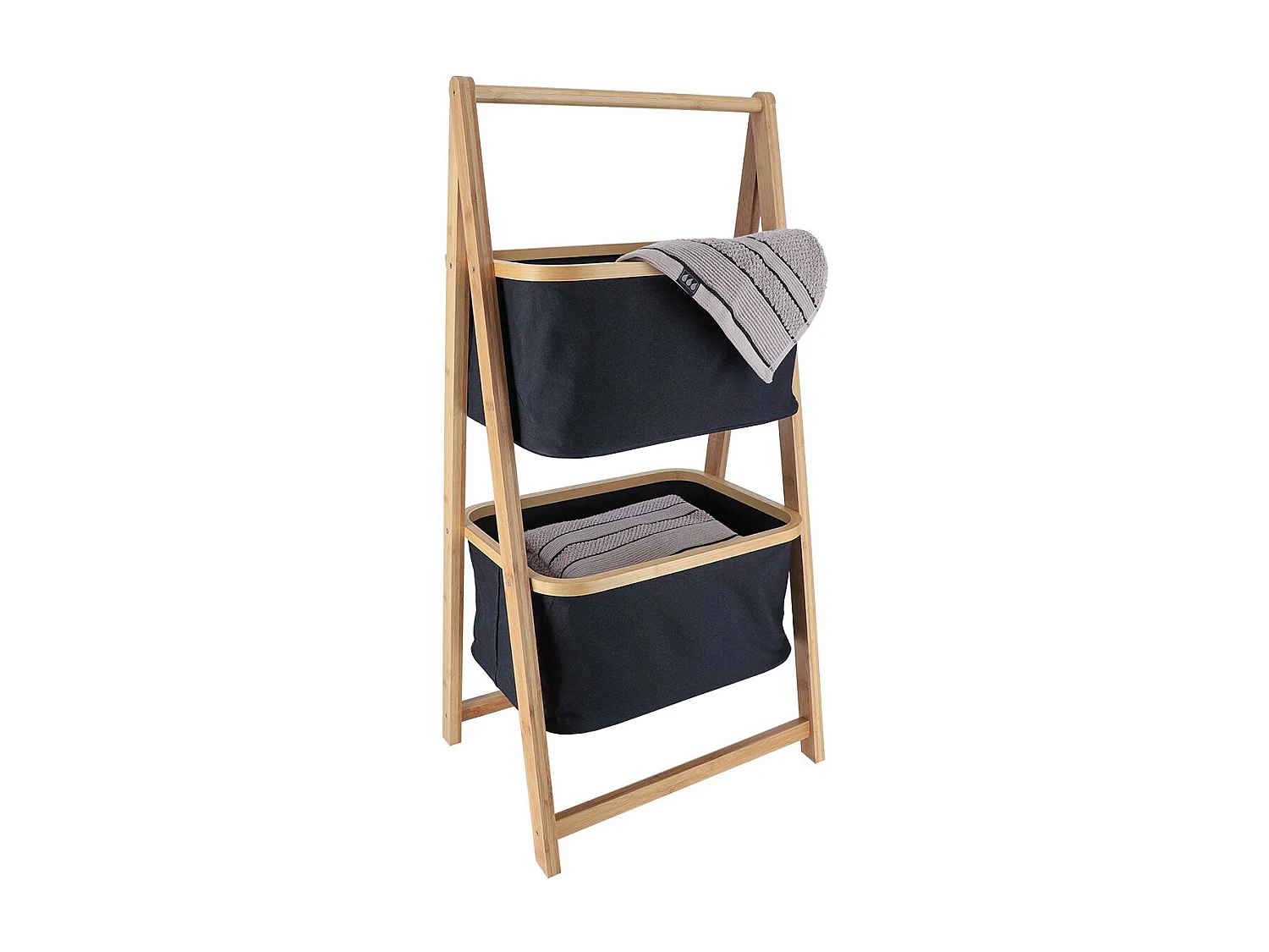 Meuble Étagère en Bambou 2 Paniers en tissu Noir H 90 cm
