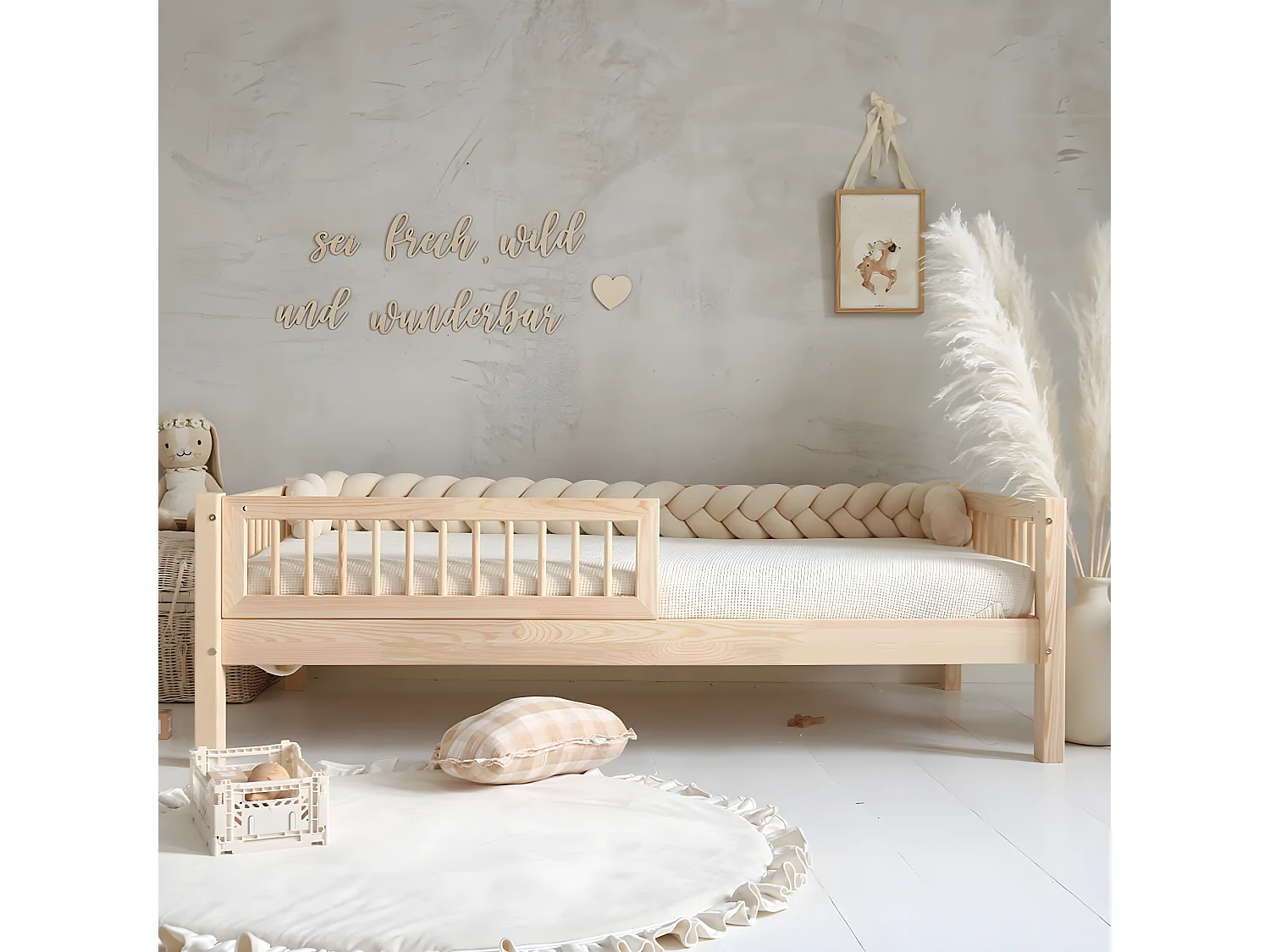 Cama 90x190 incluindo barreira e base com pés de 19 cm Adèle Bois