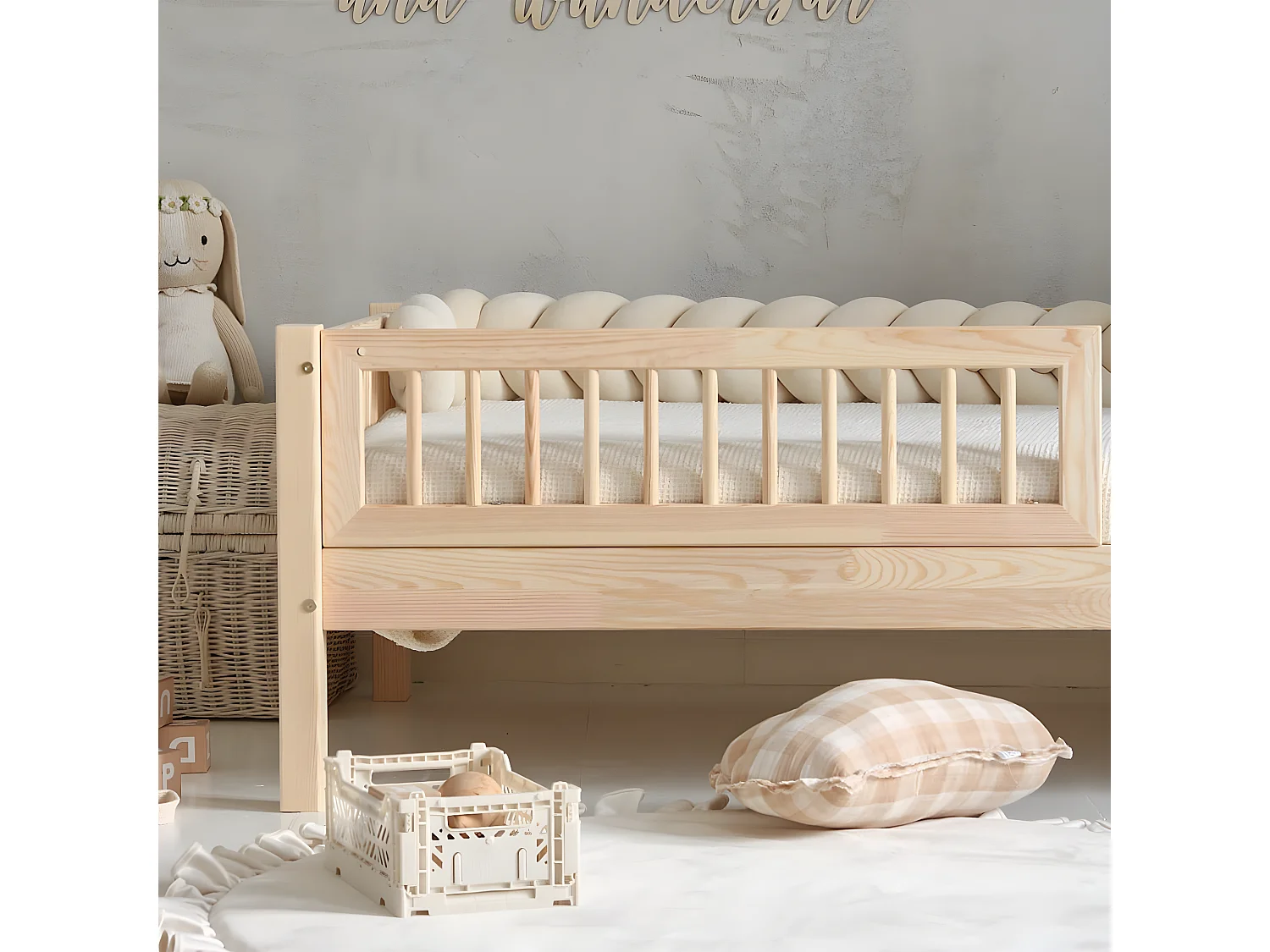 Cama 90x190 incluindo barreira e base com pés de 19 cm Adèle Bois