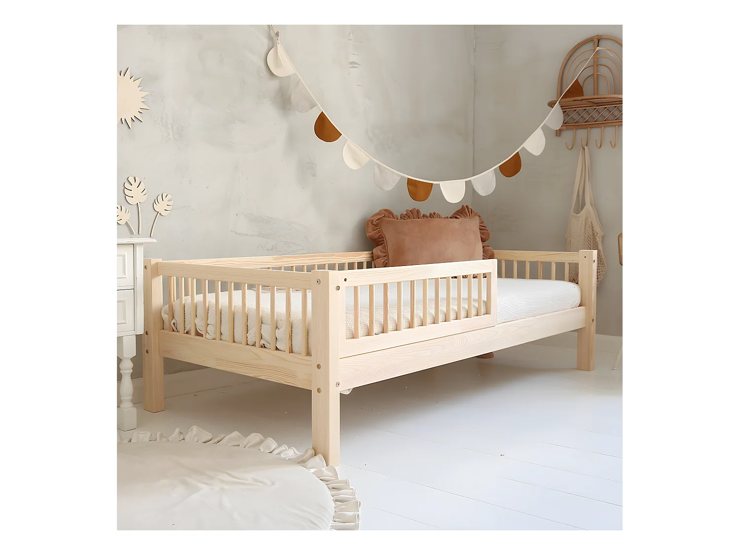 Lit 90x190 barrière et sommier inclus pieds 19 cm Adèle Bois