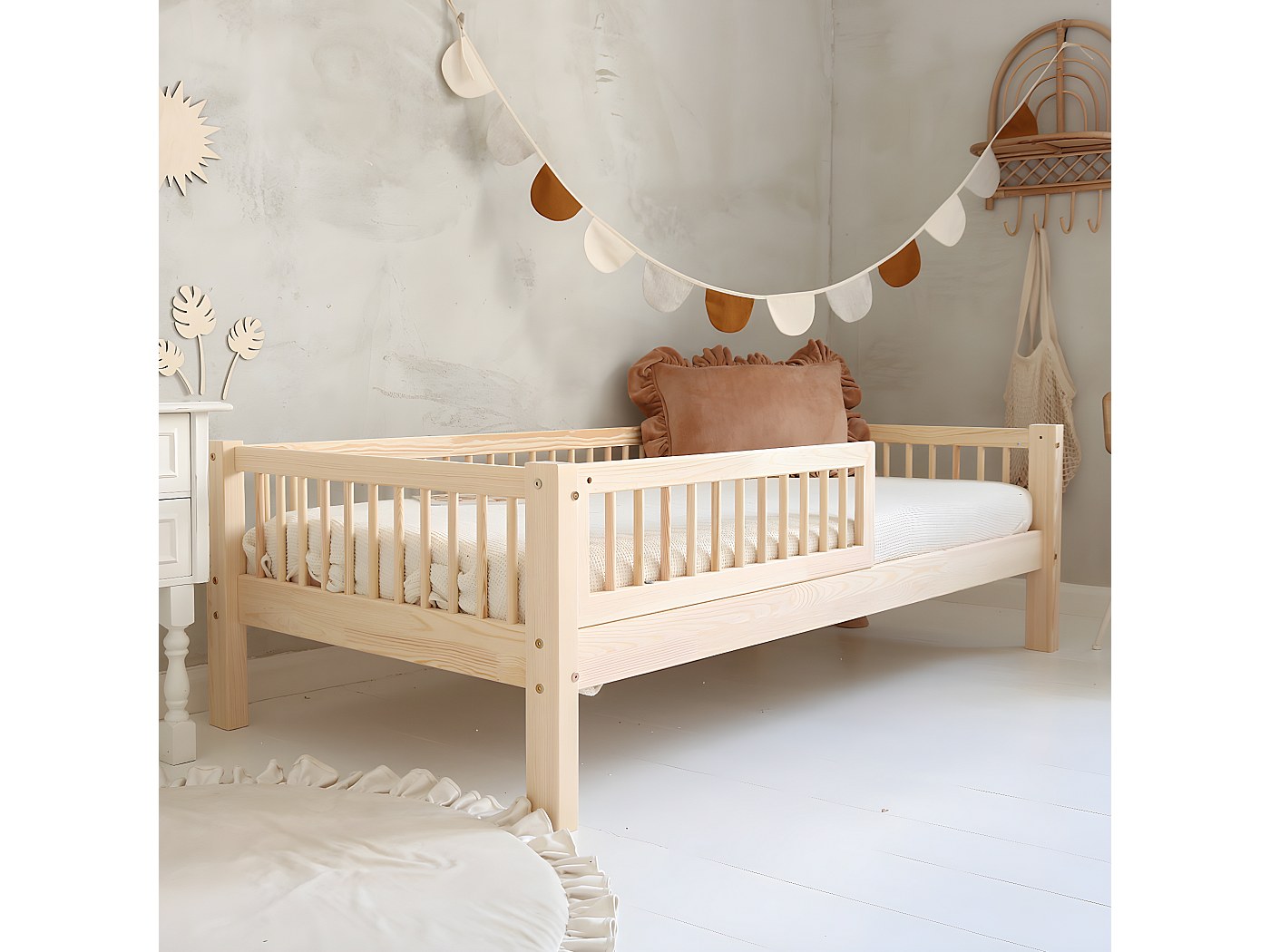 Lit 90x190 barrière et sommier inclus pieds 19 cm Adèle Bois