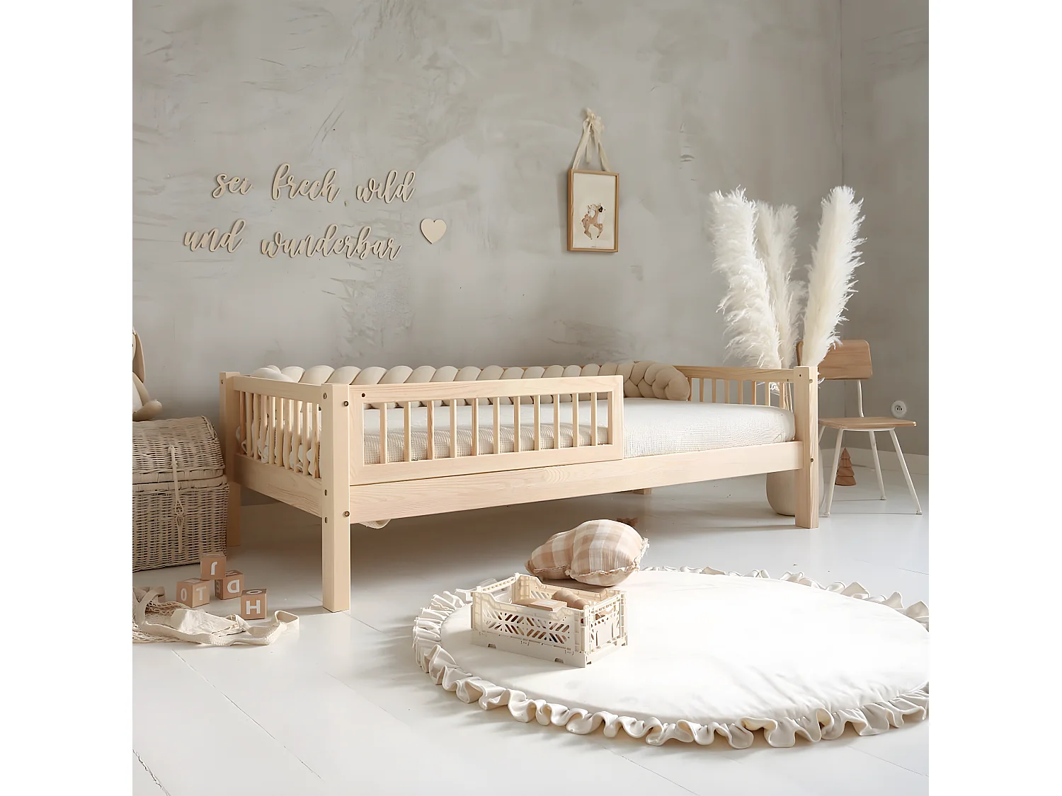 Cama 90x190 incluindo barreira e base com pés de 19 cm Adèle Bois