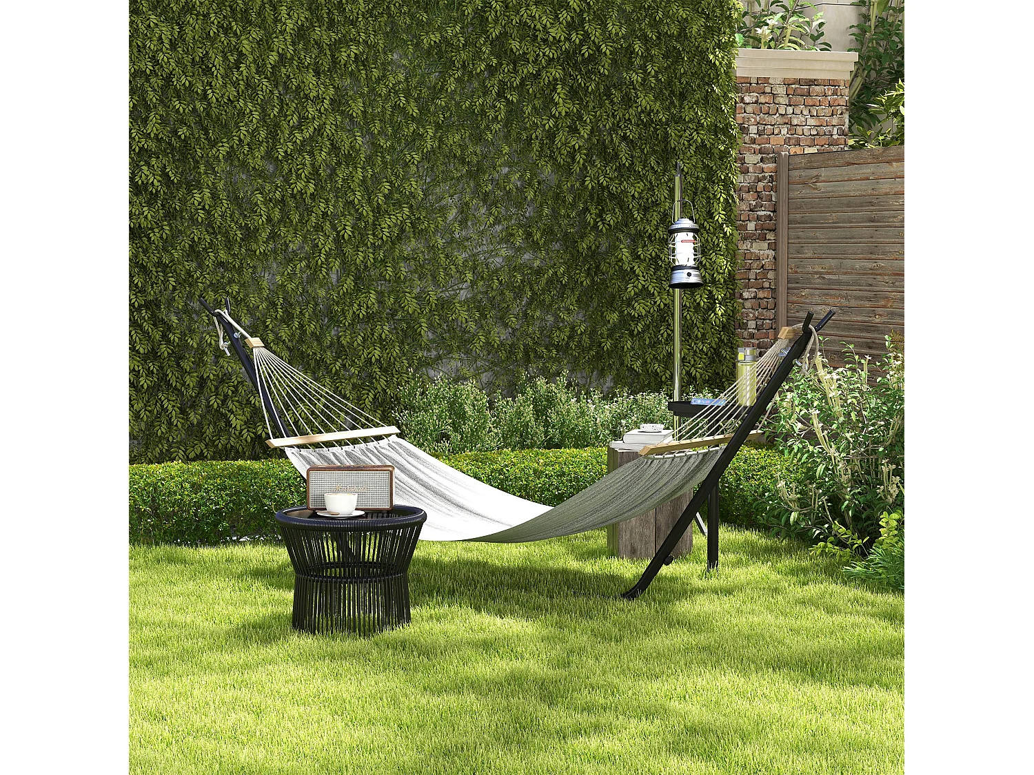 Support pied de hamac avec porte-gobelet structure métal époxy noir