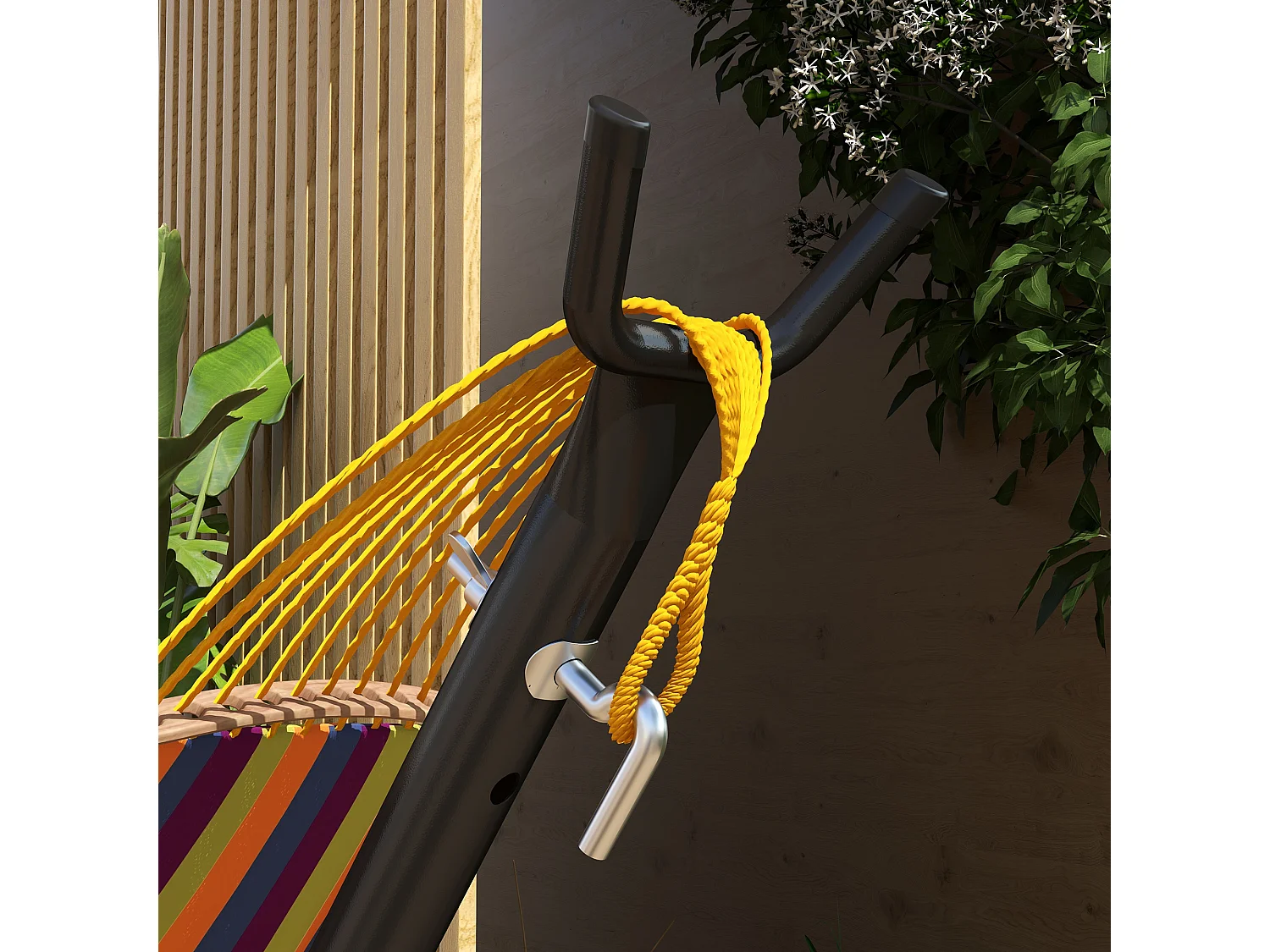 Support pied de hamac avec porte-gobelet structure métal époxy noir