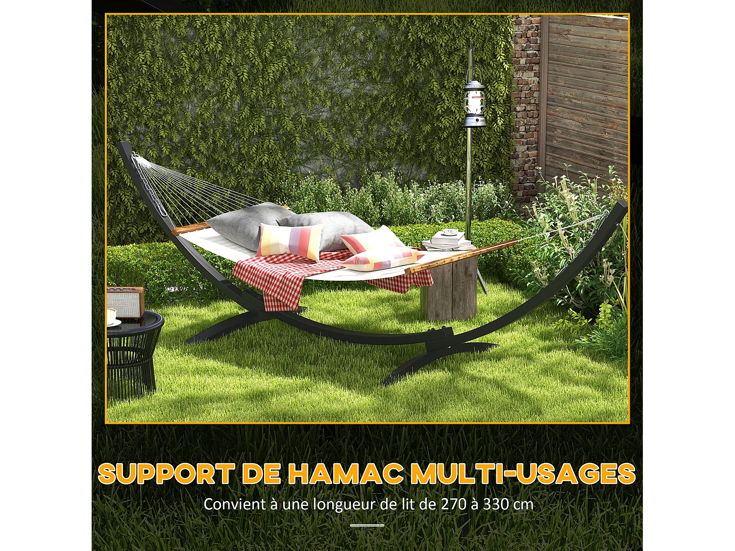 Support pied de hamac structure robuste - L. 360 cm pour hamacs L. 270-330 cm - métal époxy gris