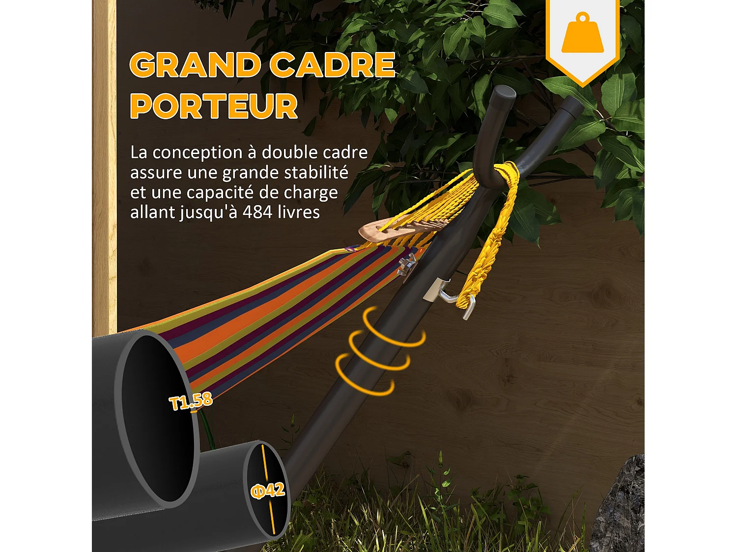 Support pied de hamac acier époxy hauteur réglable 6 niveaux dim. 290L x 120l x 115H cm noir