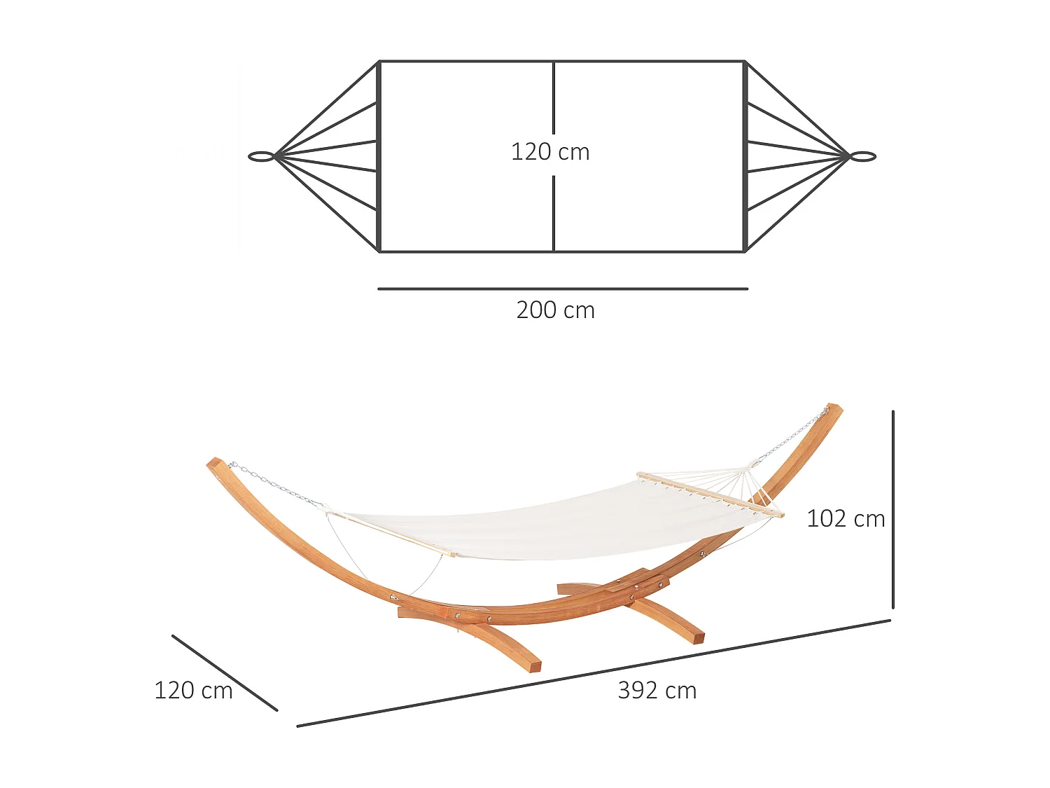 Hamac de jardin avec support en bois hamac sur pied 1 personne dim. 3,92L x 1,2l x 1,1H m toile coton blanc