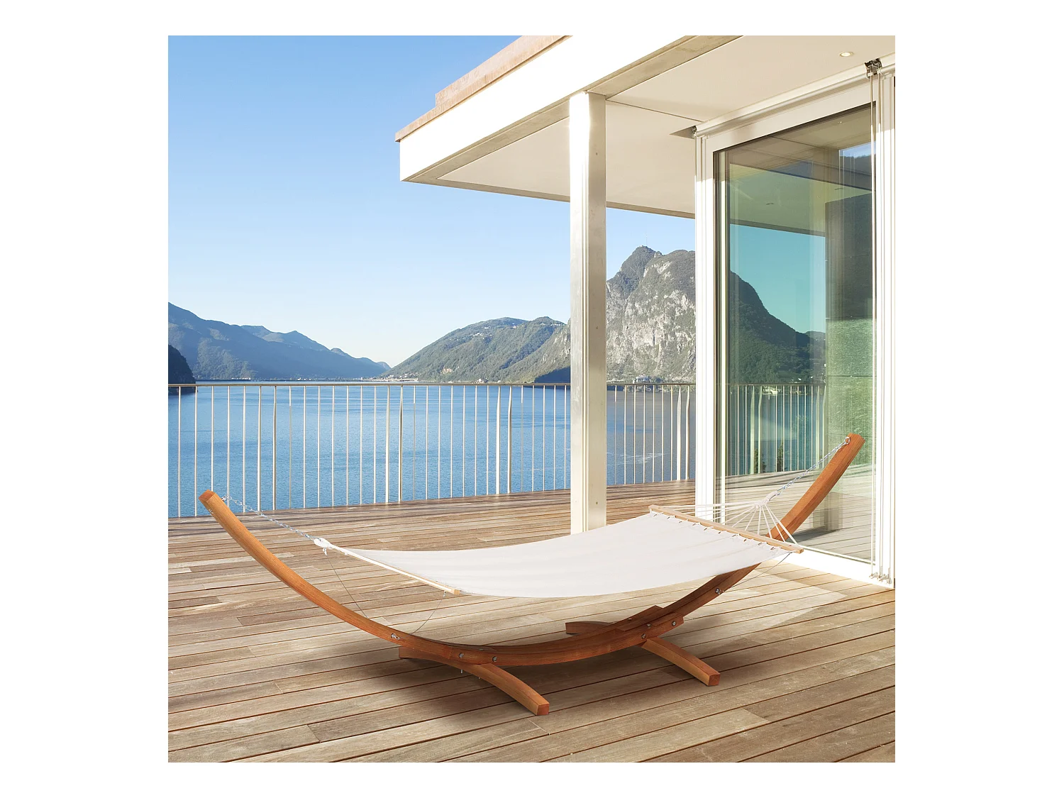 Hamac de jardin avec support en bois hamac sur pied 1 personne dim. 3,92L x 1,2l x 1,1H m toile coton blanc