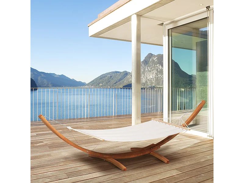 Hamac de jardin avec support en bois hamac sur pied 1 personne dim. 3,92L x 1,2l x 1,1H m toile coton blanc