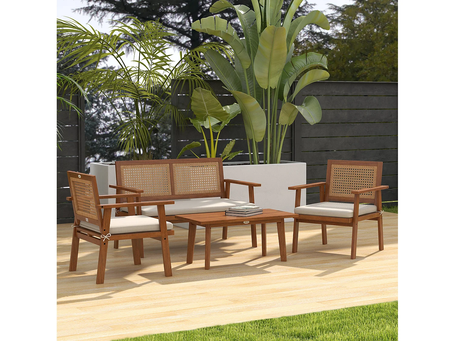 Ensemble salon de jardin 4 places 4 pièces style colonial bois aspect rotin