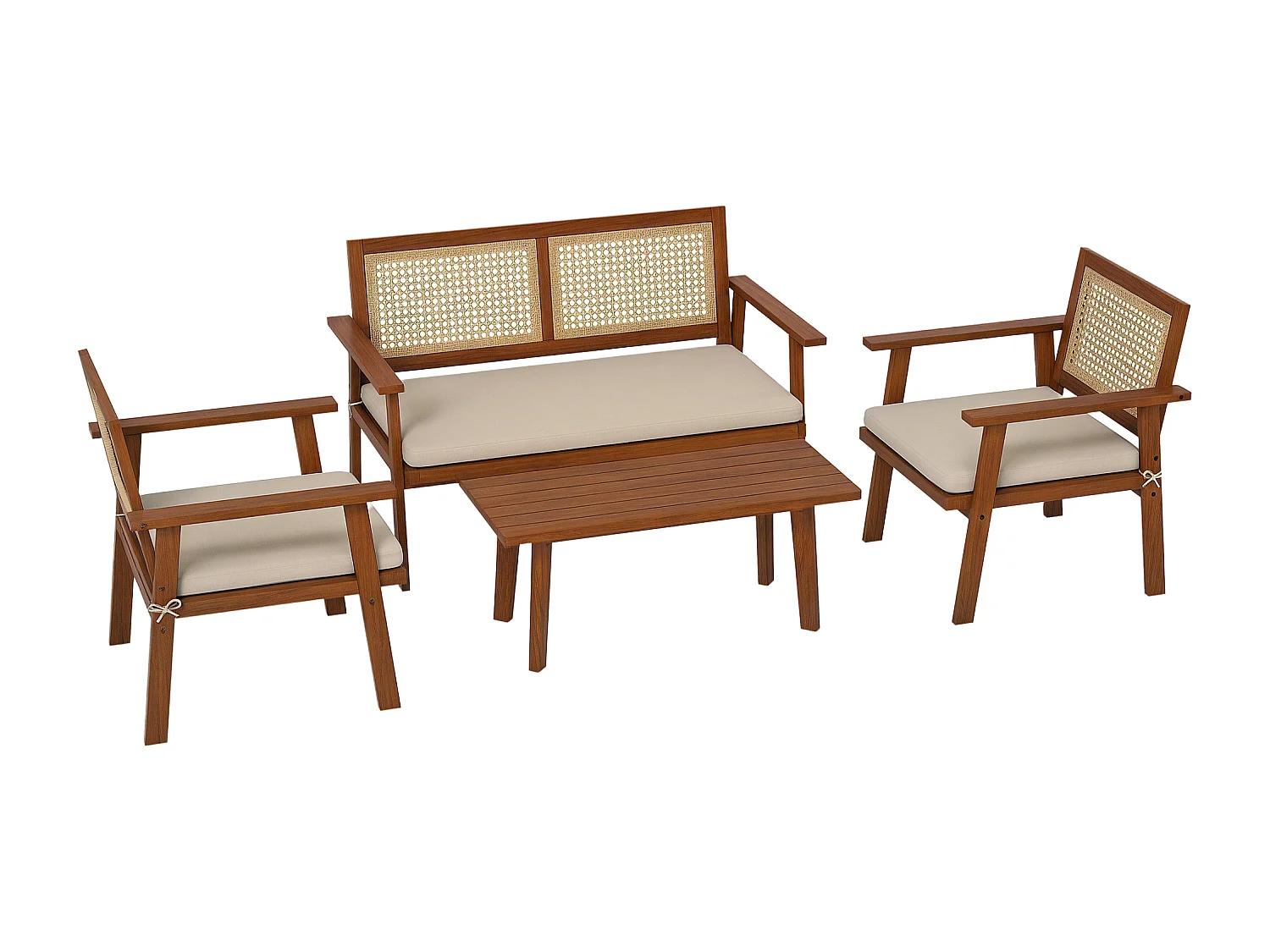 Ensemble salon de jardin 4 places 4 pièces style colonial bois aspect rotin