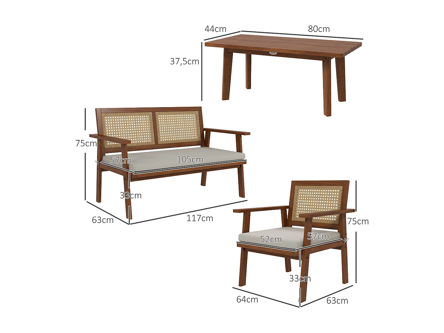 Ensemble salon de jardin 4 places 4 pièces style colonial bois aspect rotin