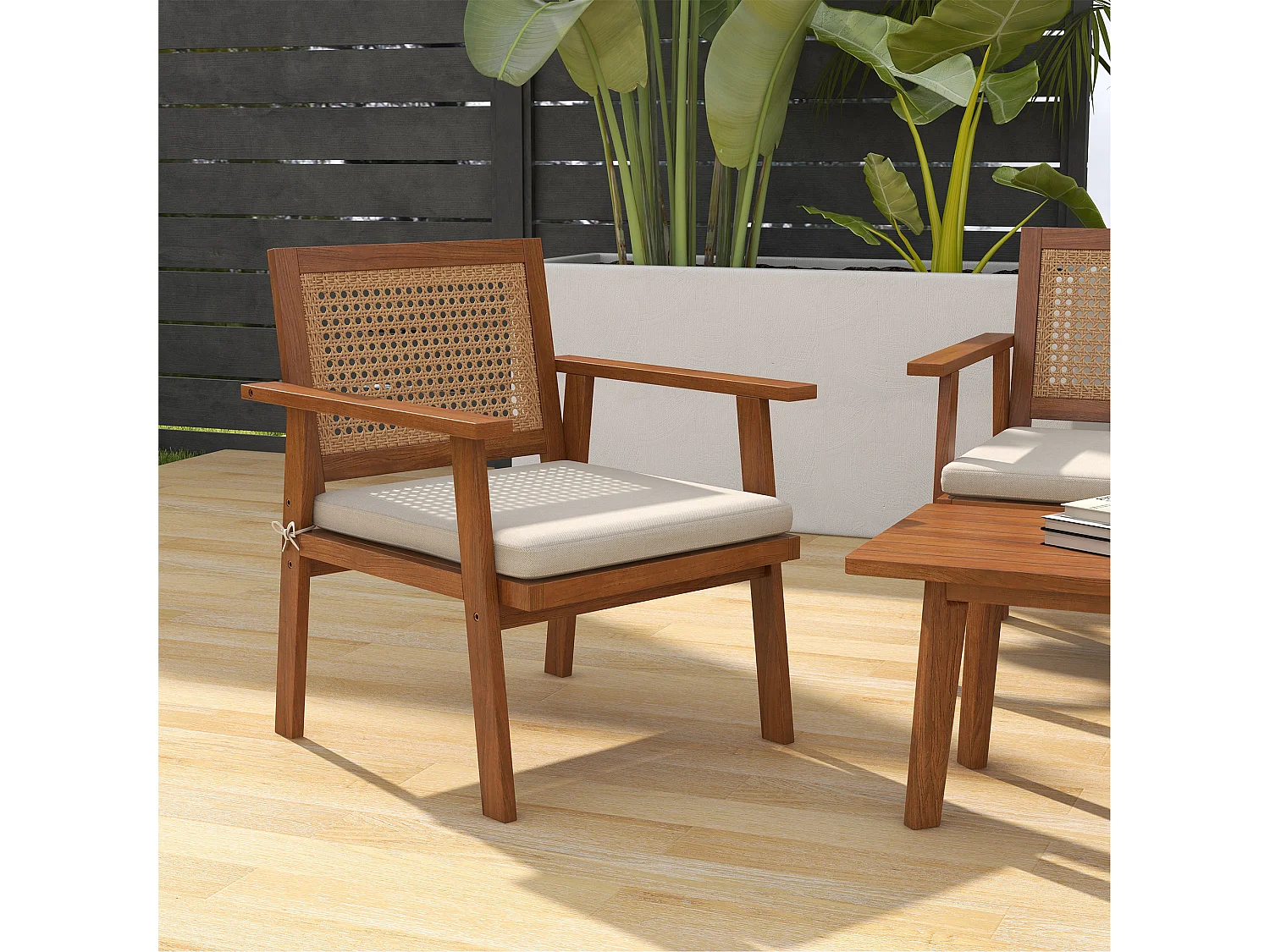 Ensemble salon de jardin 4 places 4 pièces style colonial bois aspect rotin