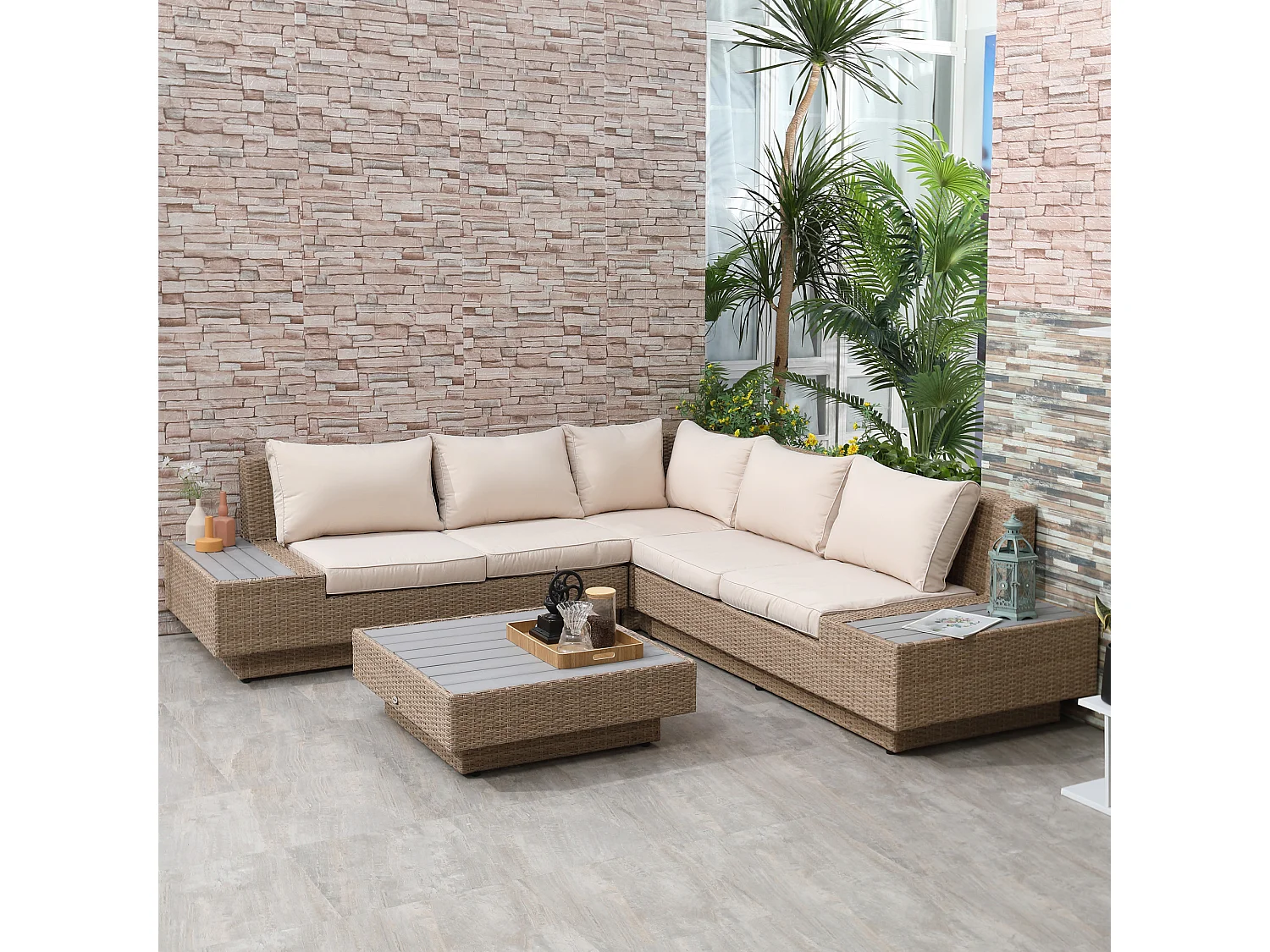 Ensemble salon de jardin d'angle 5 places style bohème chic résine aspect rotin effet bois beige