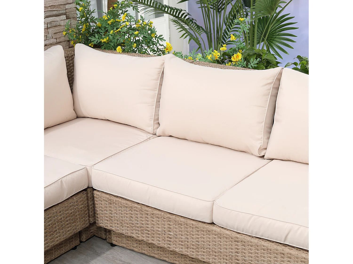 Ensemble salon de jardin d'angle 5 places style bohème chic résine aspect rotin effet bois beige