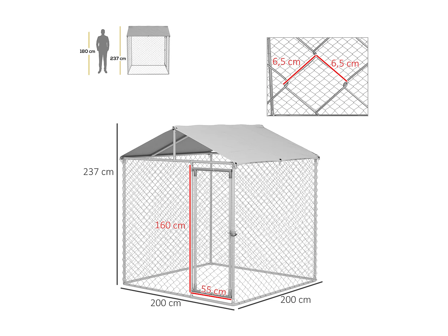 Enclos poulailler chenil 4 m² - parc grillagé dim. 2L x 2l x 2,37H m - poulailler chenil entièrement couvert - acier galvanisé