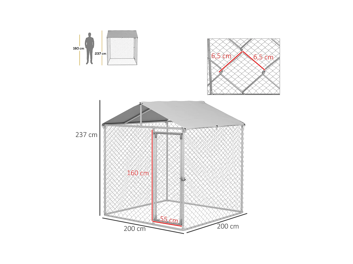 Enclos poulailler chenil 4 m² - parc grillagé dim. 2L x 2l x 2,37H m - poulailler chenil entièrement couvert - acier galvanisé