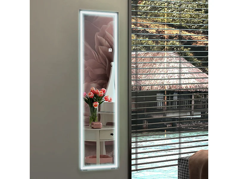 Miroir sur pied ou mural rectangulaire grande taille LED tactile dim. 40L x 50l x 148H cm verre métal blanc