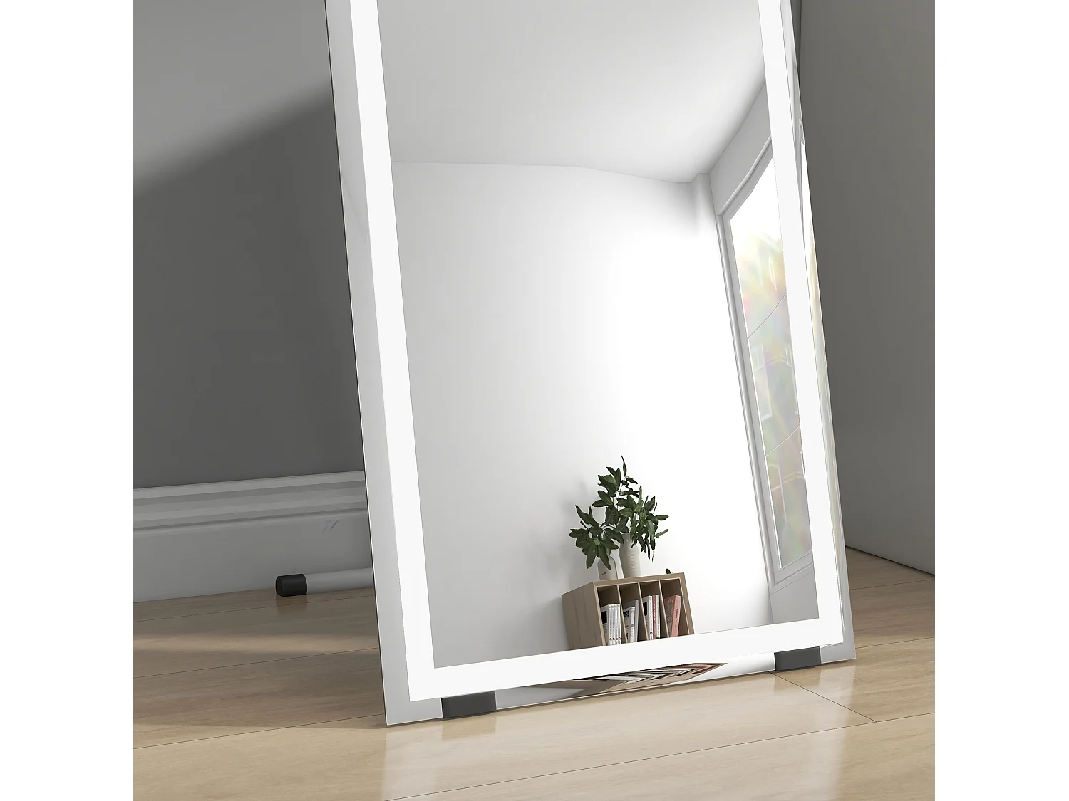 Miroir sur pied ou mural rectangulaire grande taille LED tactile dim. 40L x 50l x 148H cm verre métal blanc