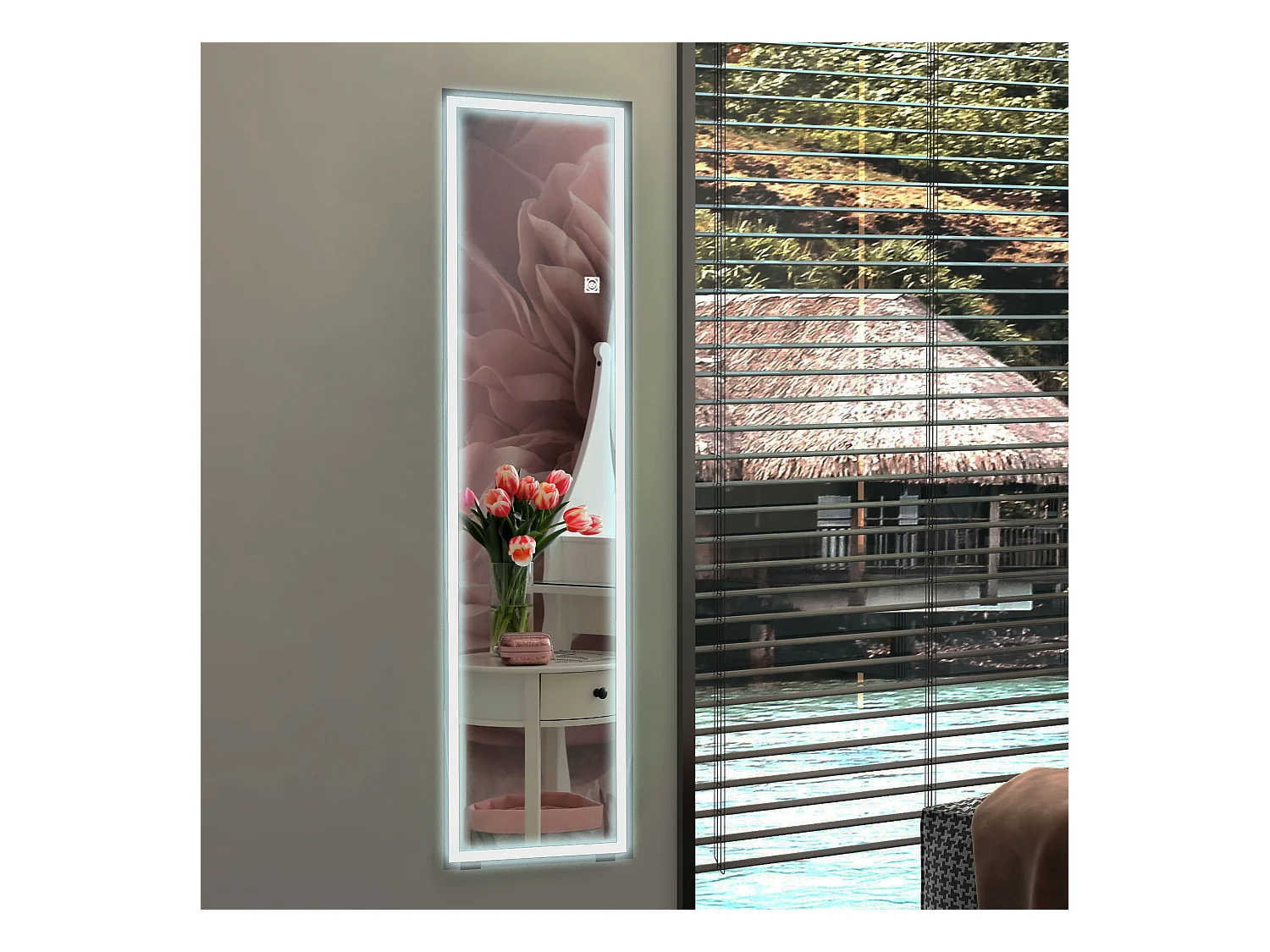 Miroir sur pied ou mural rectangulaire grande taille LED tactile dim. 40L x 50l x 148H cm verre métal blanc