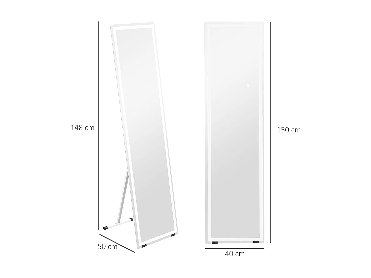 Miroir sur pied ou mural rectangulaire grande taille LED tactile dim. 40L x 50l x 148H cm verre métal blanc