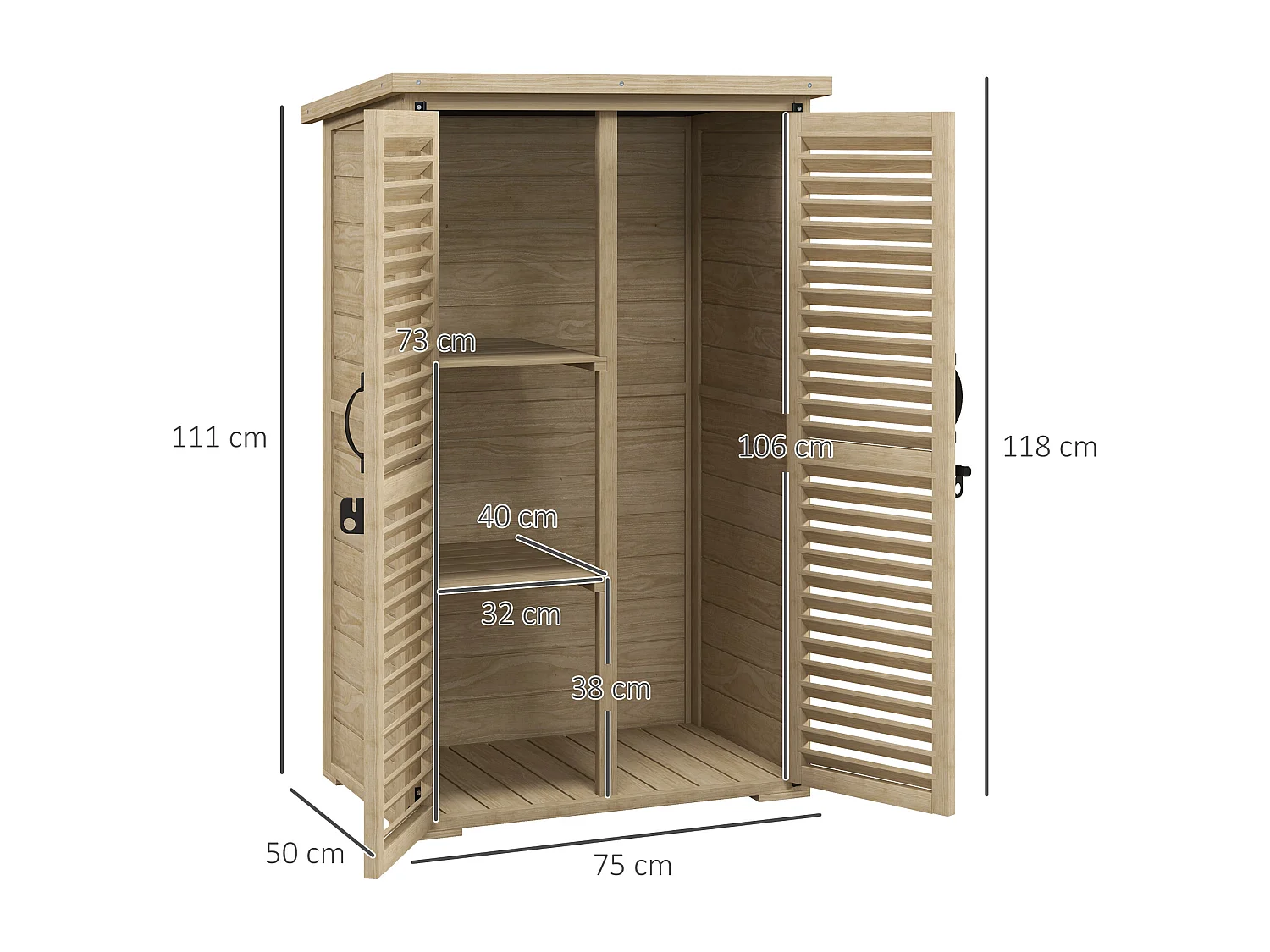 Armoire de jardin abri de jardin 2 portes persiennes 2 étagères toit bitumé bois sapin pré-huilé