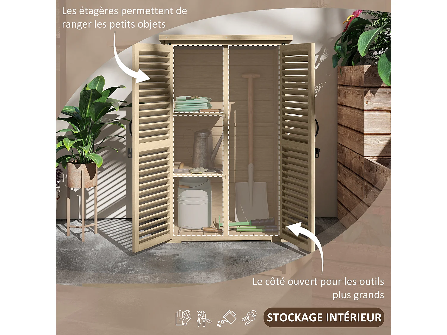 Armoire de jardin abri de jardin 2 portes persiennes 2 étagères toit bitumé bois sapin pré-huilé