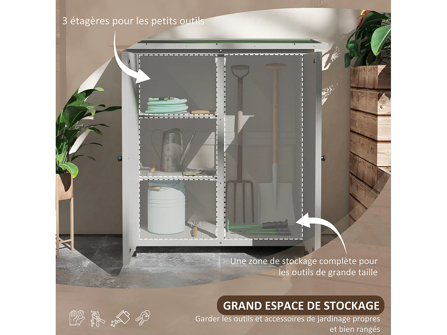 Abri de jardin armoire de jardin sur pied dim. 110L x 55l x 117H cm 2 étagères 2 portes toit bitumé bois sapin pré-huilé gris clair
