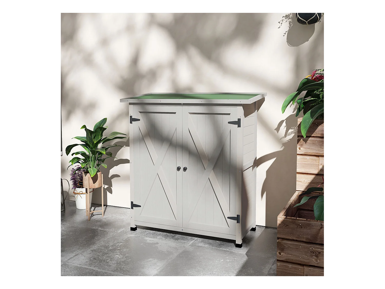 Abri de jardin armoire de jardin sur pied dim. 110L x 55l x 117H cm 2 étagères 2 portes toit bitumé bois sapin pré-huilé gris clair