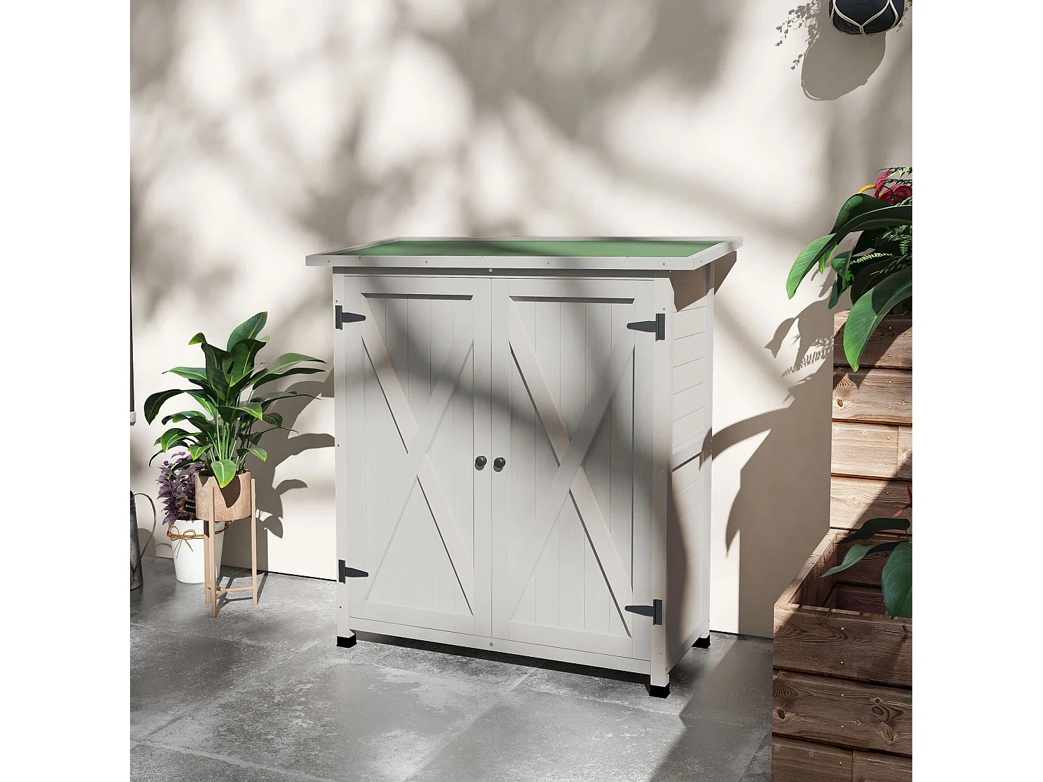 Abri de jardin armoire de jardin sur pied dim. 110L x 55l x 117H cm 2 étagères 2 portes toit bitumé bois sapin pré-huilé gris clair