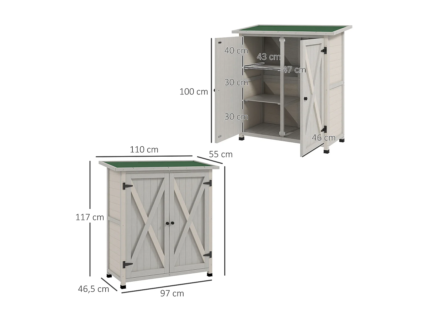 Abri de jardin armoire de jardin sur pied dim. 110L x 55l x 117H cm 2 étagères 2 portes toit bitumé bois sapin pré-huilé gris clair