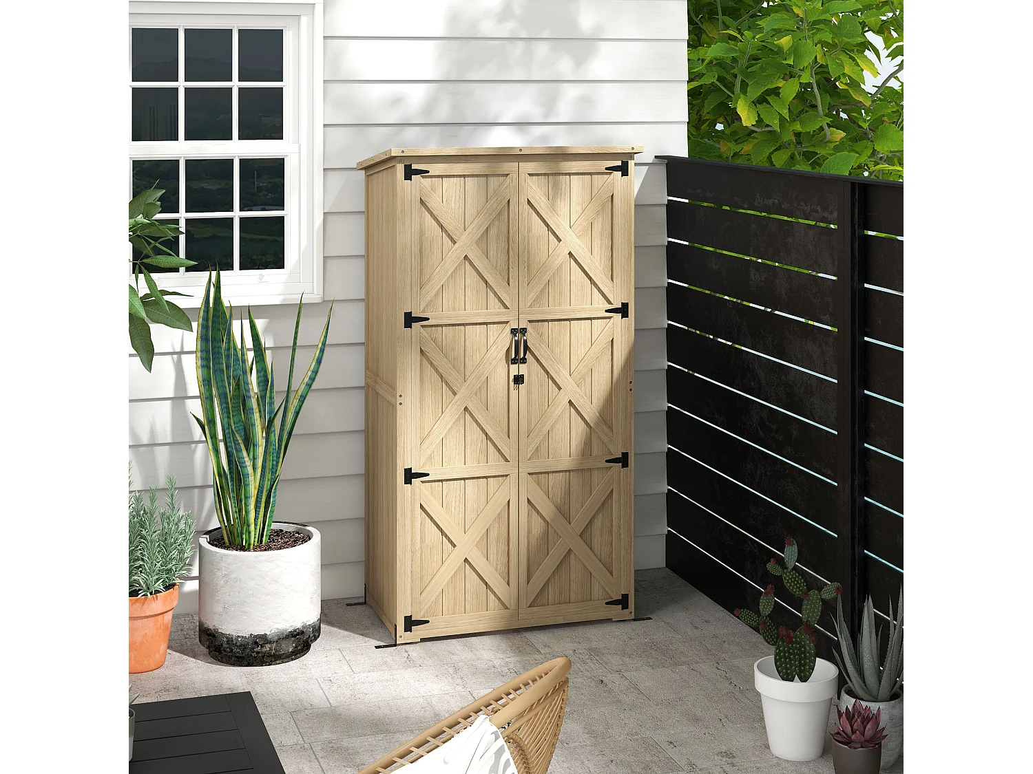 Armoire de jardin abri de jardin 2 portes croisillons 2 étagères toit bitumé bois sapin pré-huilé