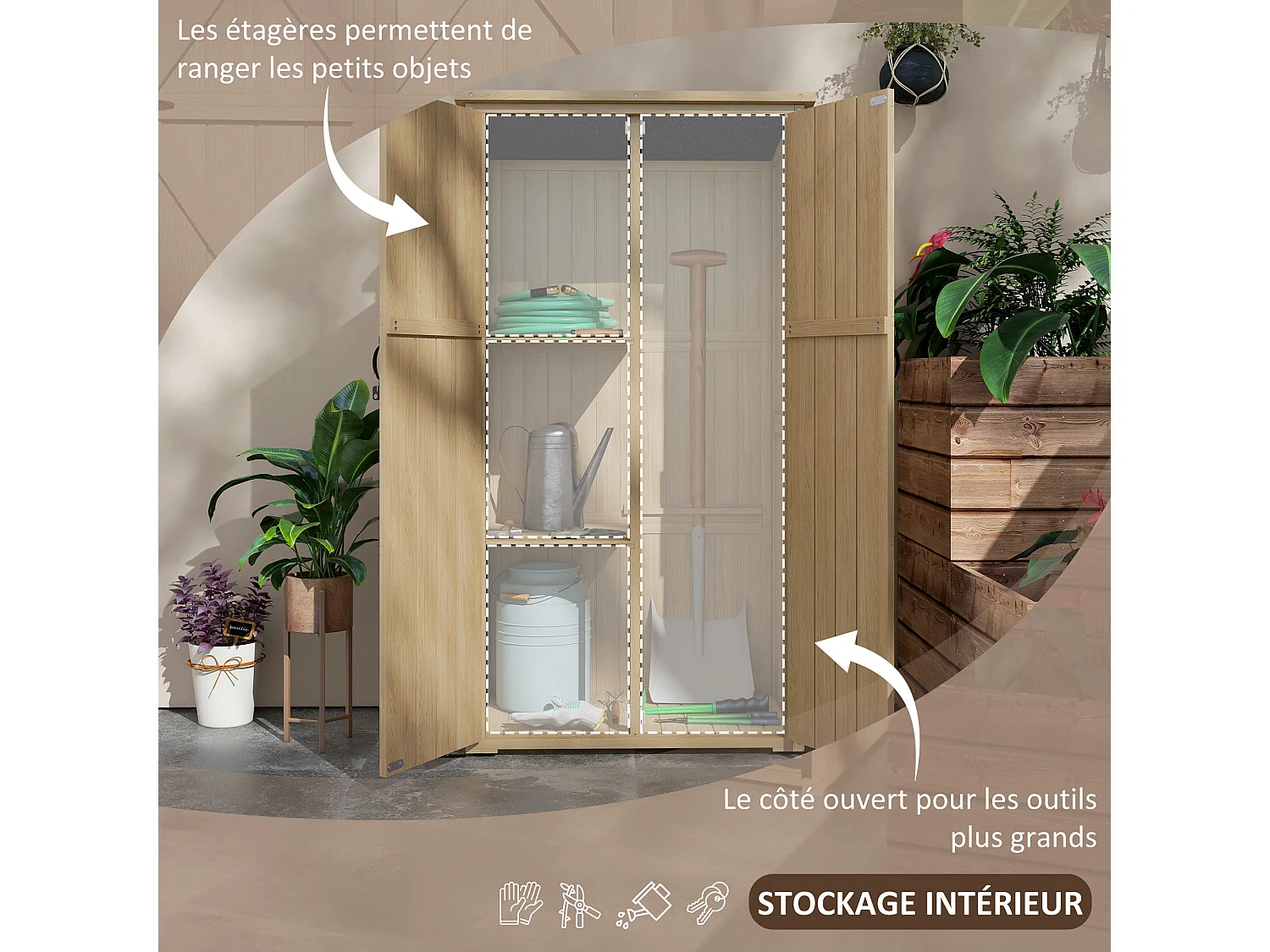 Armoire de jardin abri de jardin 2 portes croisillons 2 étagères toit bitumé bois sapin pré-huilé