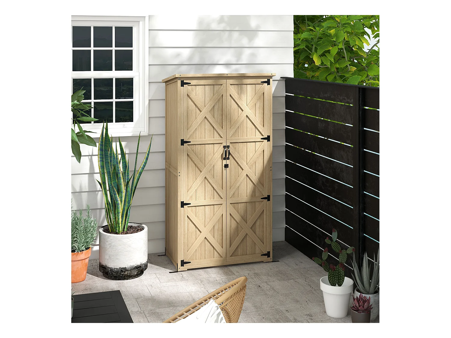 Armoire de jardin abri de jardin 2 portes croisillons 2 étagères toit bitumé bois sapin pré-huilé