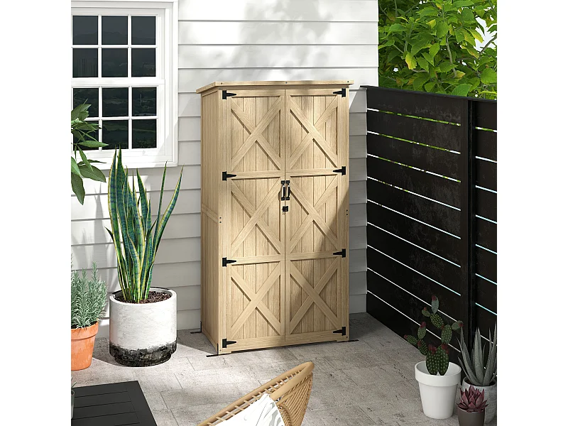 Armoire de jardin abri de jardin 2 portes croisillons 2 étagères toit bitumé bois sapin pré-huilé