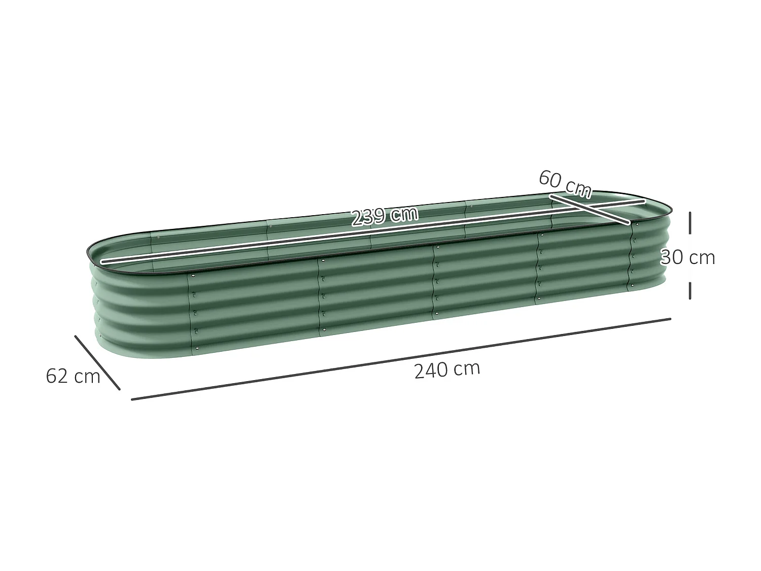 Carré potager de jardin dim. 240L x 62l x 30H cm modulable tôle d'acier ondulée vert