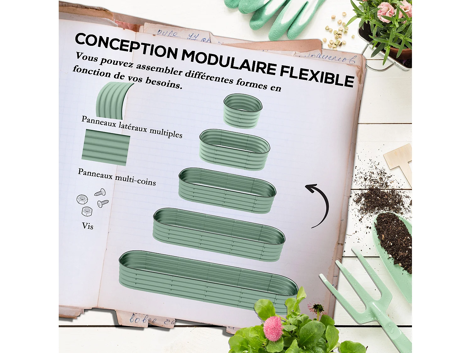 Carré potager de jardin dim. 240L x 62l x 30H cm modulable tôle d'acier ondulée vert