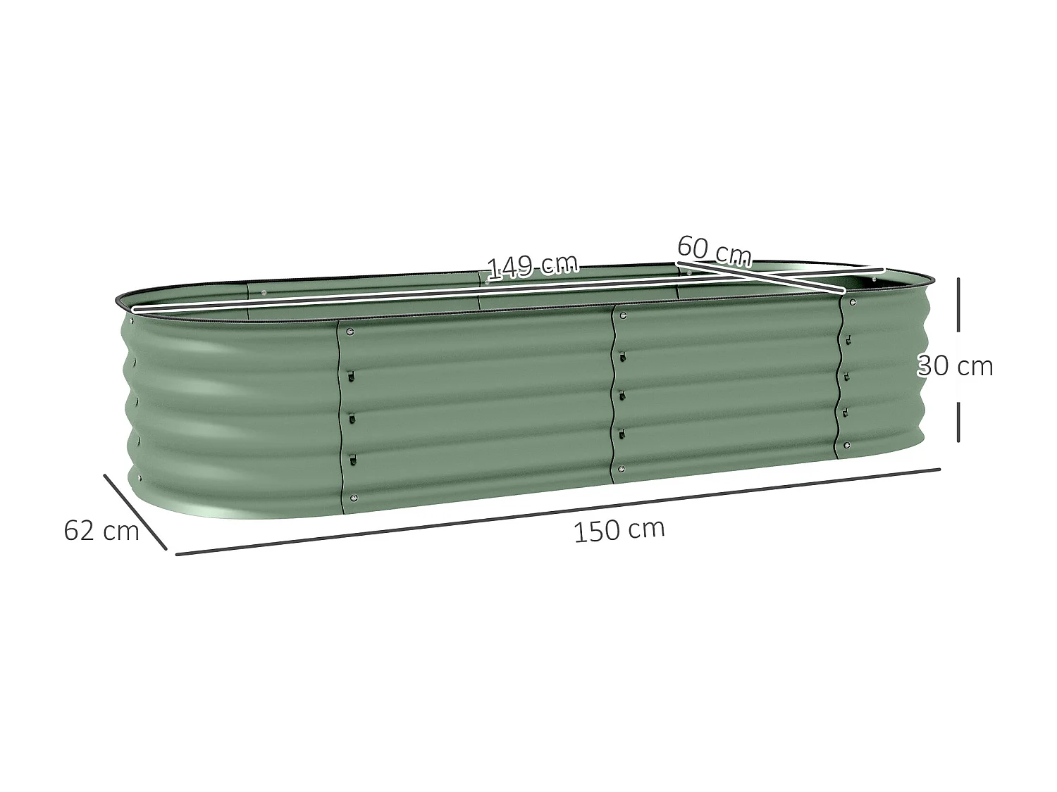 Carré potager de jardin dim. 150L x 62l x 30H cm modulable tôle d'acier ondulée vert