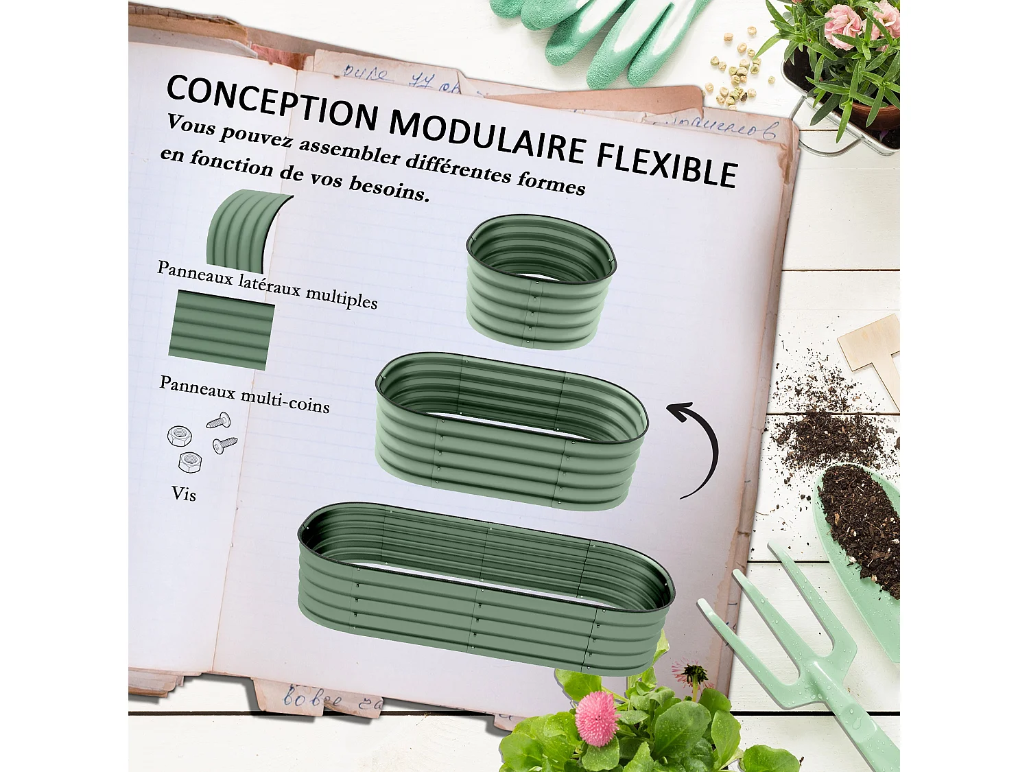 Carré potager de jardin dim. 150L x 62l x 30H cm modulable tôle d'acier ondulée vert