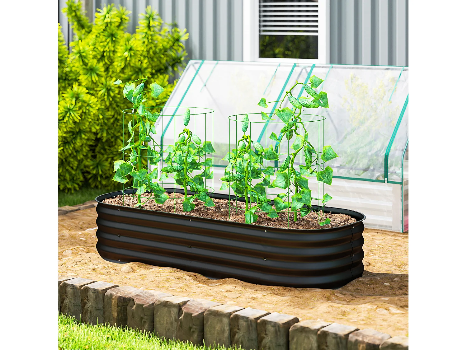 Carré potager de jardin dim. 150L x 62l x 30H cm modulable tôle d'acier ondulée noir