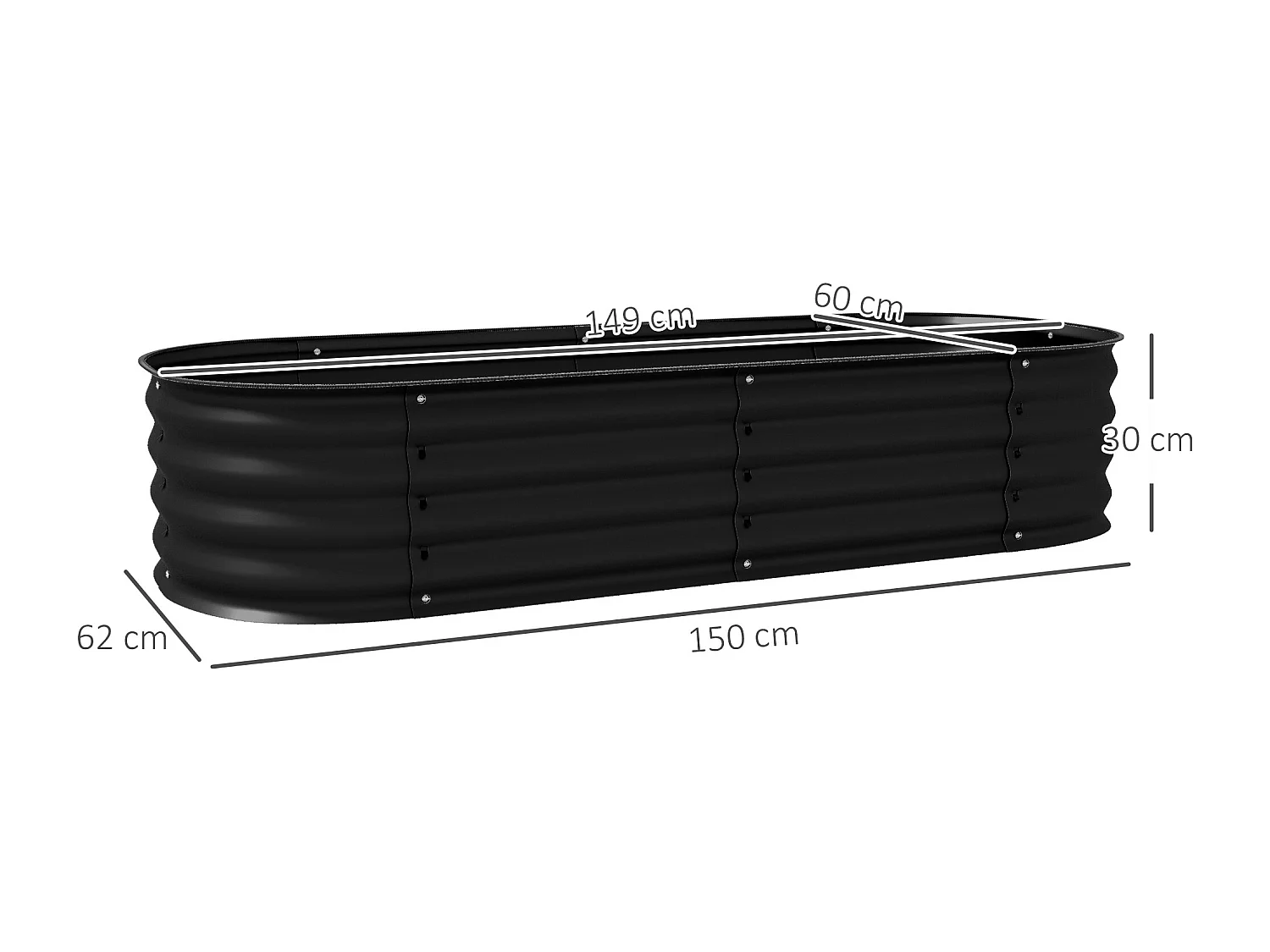 Carré potager de jardin dim. 150L x 62l x 30H cm modulable tôle d'acier ondulée noir