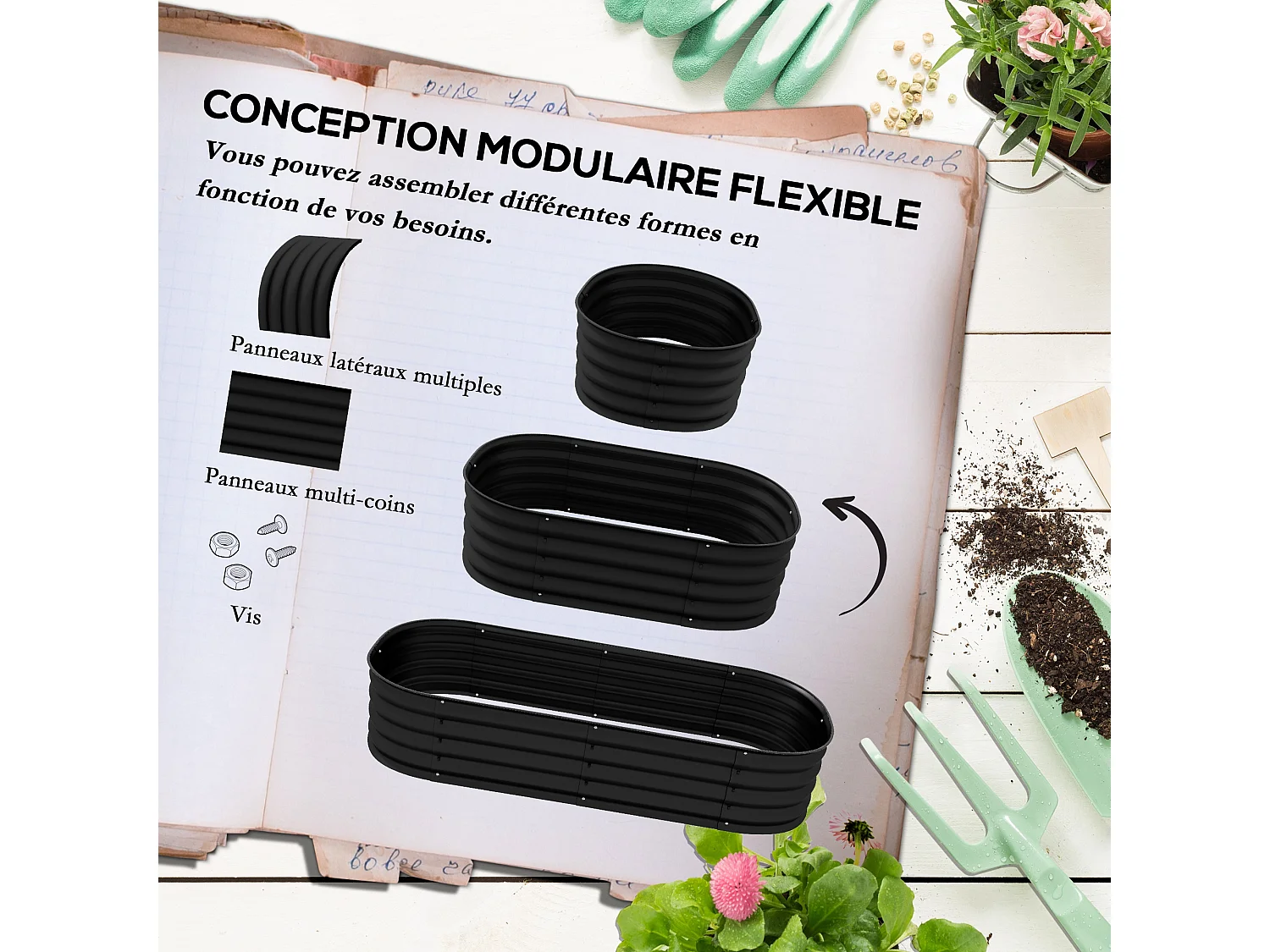 Carré potager de jardin dim. 150L x 62l x 30H cm modulable tôle d'acier ondulée noir